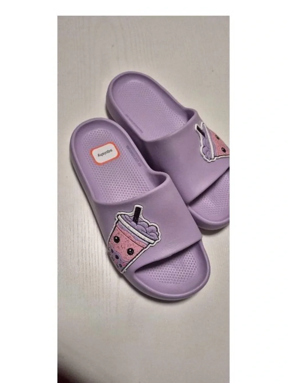 Kids Lavender Slide Sandals with Fun Boba Drink Patch